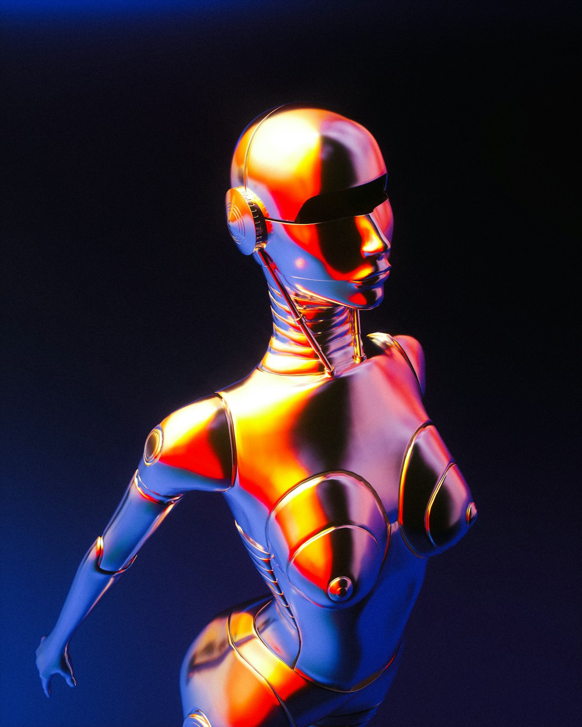 Robot futuristico nell'oscurità, concetto di intelligenza artificiale e tecnologie emergenti